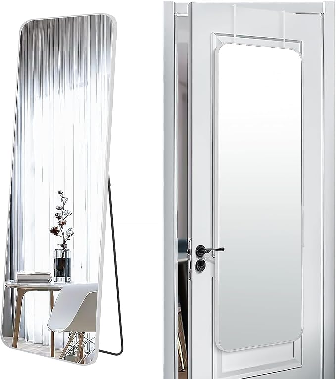 SCWF-GZ 57x20 Full Length Mirror Over The Door Hanging, Floor Stand/Wall Mounted Aluminum Alloy Frame Dressing Mirror for Bedroom Living Room 57 inch Silver