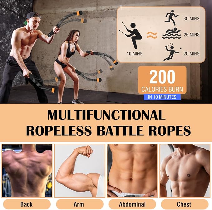 2PCS Portable Ropeless Battle Ropes with Adjustable Weight Rings | Cordless Battle Rope for Home Gym, HIIT Workout, Low-Impact Cardio, Strength Training, Fitness Equipment for Women & Men