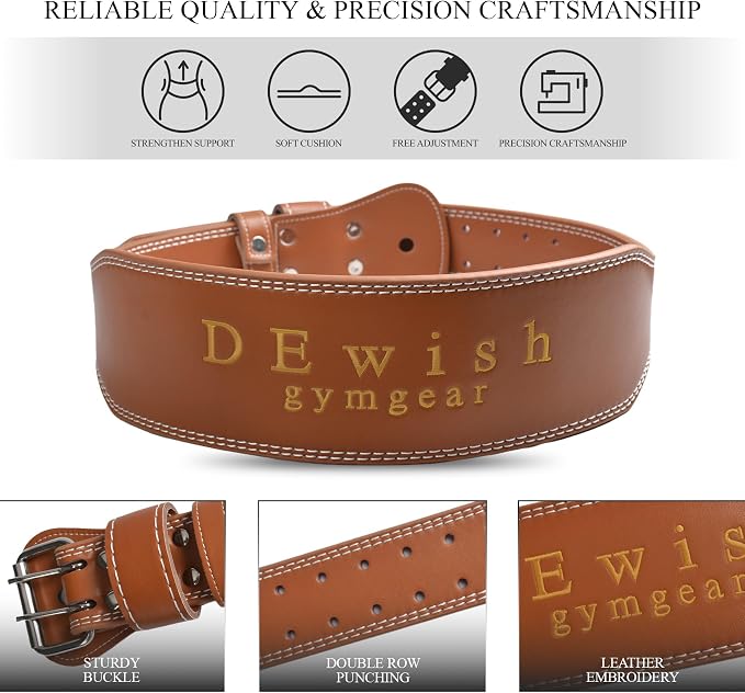 Leather Weightlifting Belt, 10 Adjustable Holes, 4”Width, Double Prong Power Belt for Gym Bodybuilding, weightlifting, powerlifting, squats and deadlifts