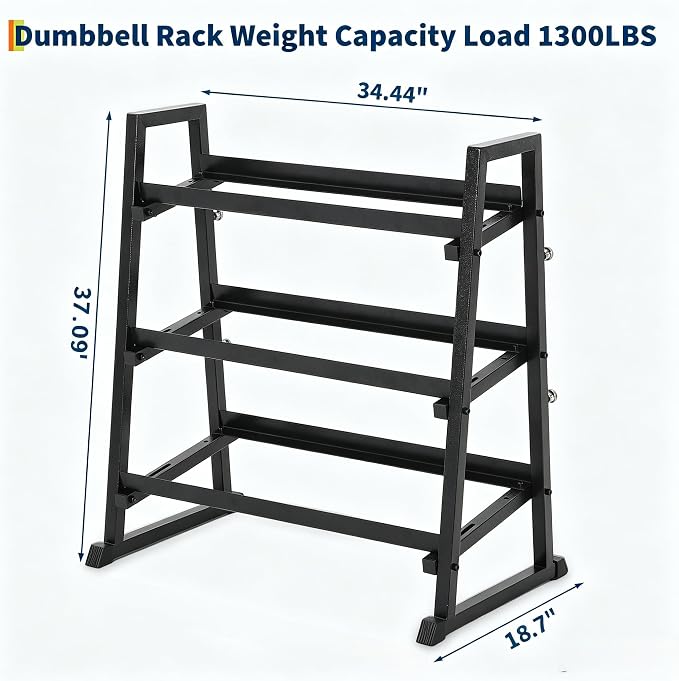 3-Tiers Dumbbell Rack, 1300LB Capacity Adjustable Weight Rack for Home Gym, H-Frame & Trapezoidal-Frame Weight Stand for Dumbells, Kettlebells, Barbells, Weight Plates