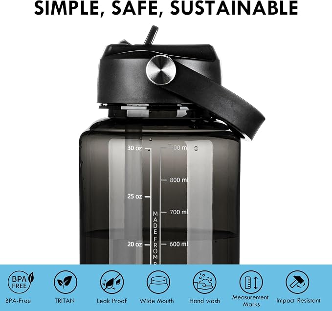 OLDLEY 32oz Water Bottle with Straw, Leakproof Tritan Clear Bottle with Marked Bottle and Carry Handle, BPA-Free Wide Mouth Reusable Sports Bottle for Gym,Hiking, Camping,Travel, Workout,Black
