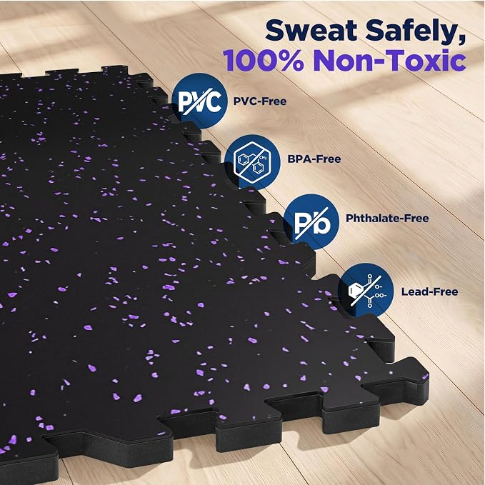 48 Sq Ft Rubber Top Gym Flooring for Home Gym, Black/Purple | 12 Tiles, High Density EVA Foam, Waterproof & Non-Slip Rubber, 0.4" Interlocking Puzzle Mats, Floor Protection, 24"x24"