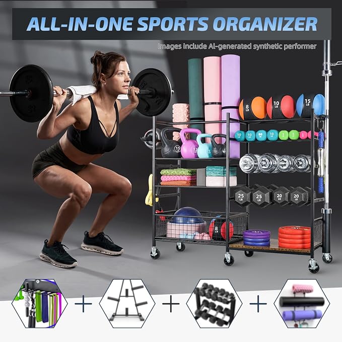 PLKOW Dumbbell Rack, Weight Rack for Dumbbells, Home Gym Storage for Dumbbells Kettlebells Yoga Mat and Balls, All in One Workout Storage with Wheels and Hooks, Powder Coated Finish Steel