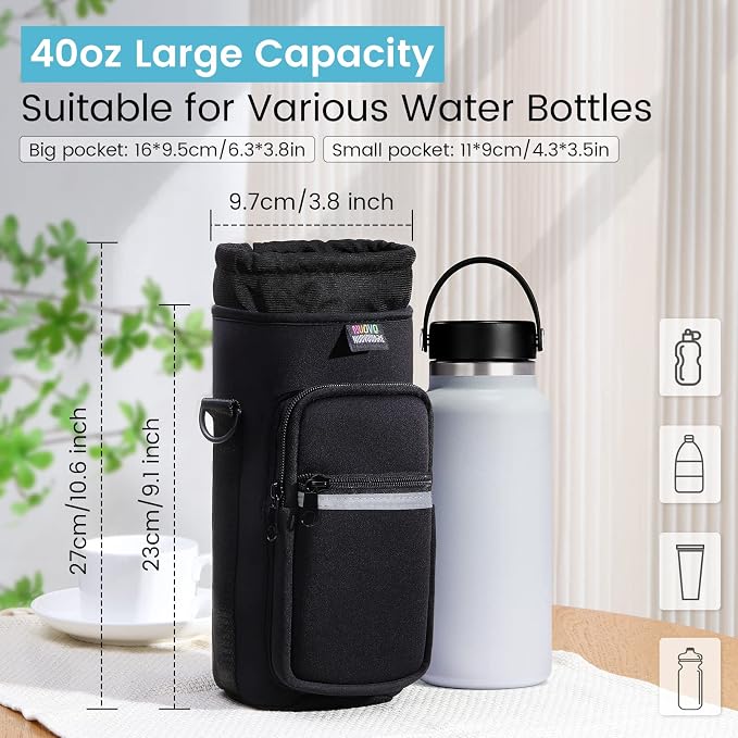 Nuovoware Water Bottle Carrier Bag, 40oz Bottle Pouch Holder, Adjustable Shoulder Hand Strap 2 Pocket Sling Neoprene Sleeve Sports Accessories for Hiking Travelling Camping, BlackCarbon