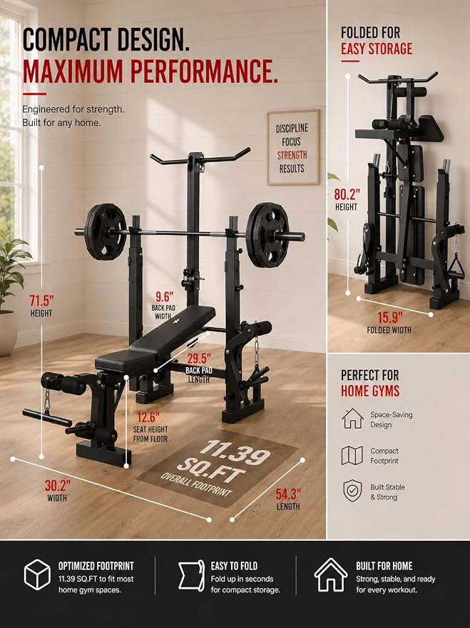 Garvee 8 in 1 Adjustable Weight Bench Set, Lat Pulldown & Leg Extension Foldable Bench Press Set with Preacher Curl Pad, Chest Fly, Leg Curl, Rack, Full Body Home Gym Strength Training Equipment