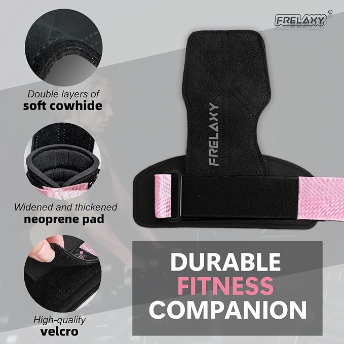 Frelaxy Lifting Wrist Straps for Women and Men, Weight Lifting Grips | Double-layer leather, Cushioned wrist support, Durable construction, Storage pouch, Deadlifts, rows, lat pulldowns