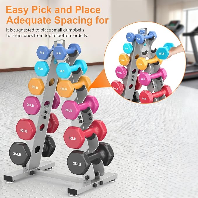TomCare 6-Tier|5-Tier|4-Tier|2-Tier Dumbbell Rack Stand Only for Home Gym | Stable A-Frame, Fits 5–35 lb Dumbbells, Protective Padded Cradles, Adjustable Feet, Easy-Carry Handle (Stand Only)