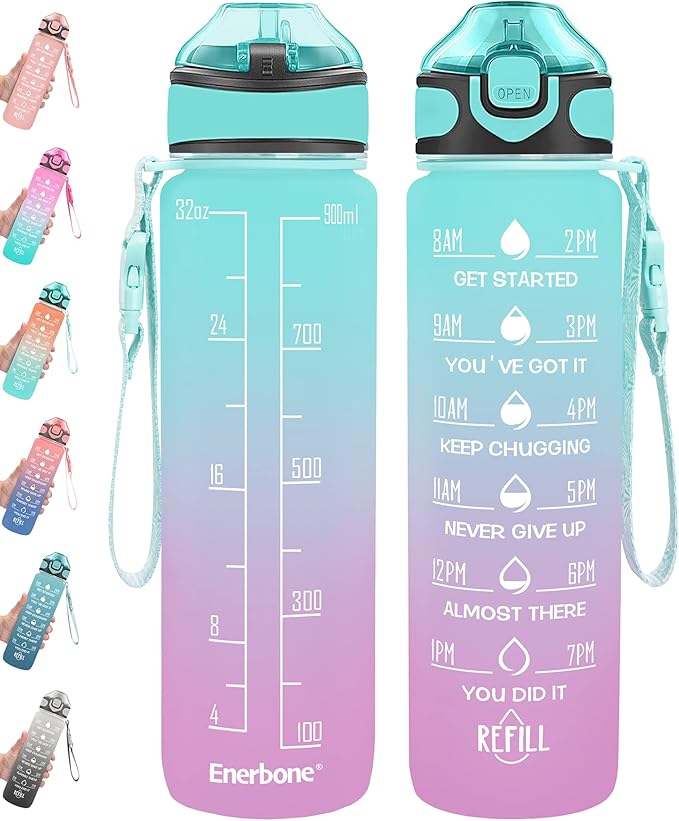 Enerbone 32 oz Drinking Water Bottle with Times to Drink and Straw, Motivational with Carrying Strap, Leakproof BPA & Toxic Free, Ensure You Drink Enough Water for Fitness Gym Outdoor