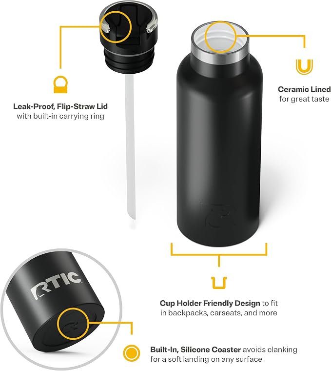 RTIC 16oz Journey Water Bottle, Ceramic Lined, Black | Stainless Steel Metal, Insulated for Hot and Cold Drinks, Sports, Travel and Camping