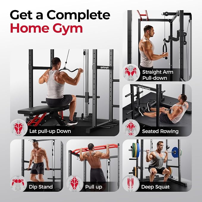 SPORTSROYALS Power Rack, Multi-Functional Power Cage, Squat Rack with Pulley System & LAT Pull Down, Workout Cage with J Hooks for Home Gym