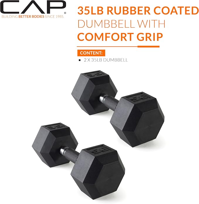 CAP Rubber Coated Dumbbell Weights, Free Weights for Home Gym Strength Training, Anti-Roll Hex Dumbbells with Black, Chrome & Comfort Grip Handles, Pairs & Sets