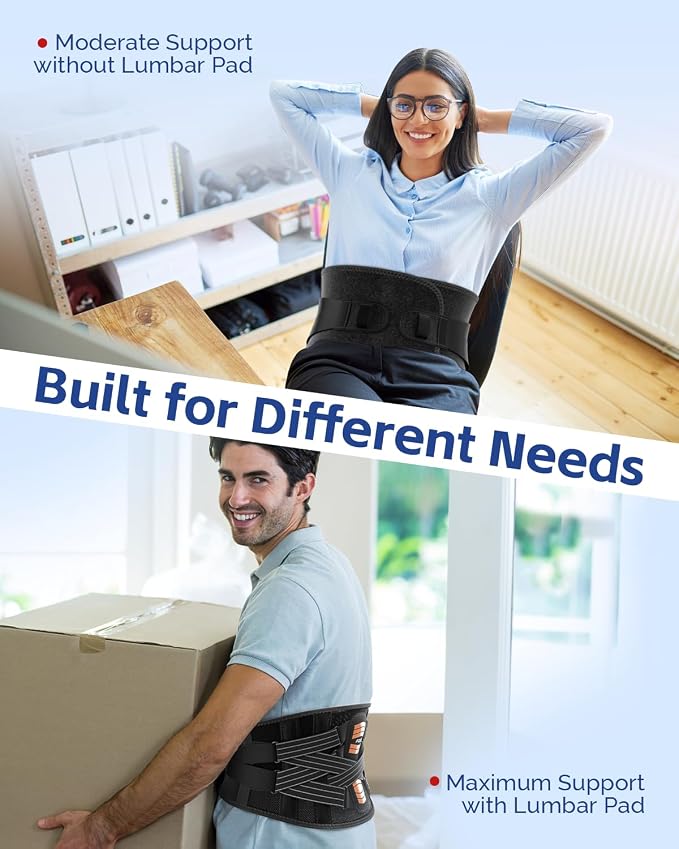 FEATOL Back Brace for Men Lower Back and Women, Removable Dual-Side Spine Lumbar Pad with Snug Fit, Adjustable Support Belt for Work, Orange, Size XL 39-45"