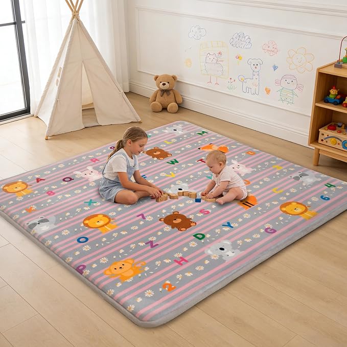 Baby Play Mat for Floor, 71'' x 59'' Thicken Foam Soft Padded Playmat for Tummy Time, Playpen Mat for Toddlers Infant Kids, Water-Repellent Coral Velvet, Non-Slip Bottom Safe for Crawling (Lion)