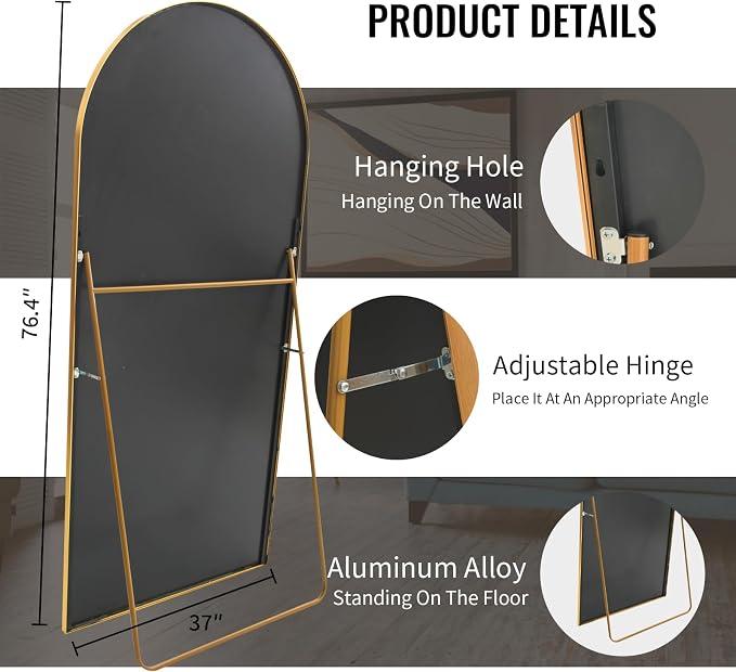 Beauty4U 76" x 37" Arched Full Length Mirror with Stand, Gold Floor Mirror | Large Standing, Leaning, or Wall-Mounted Tempered Full Body Mirror with Metal Frame for Bedroom, Closet, Modern Home Decor