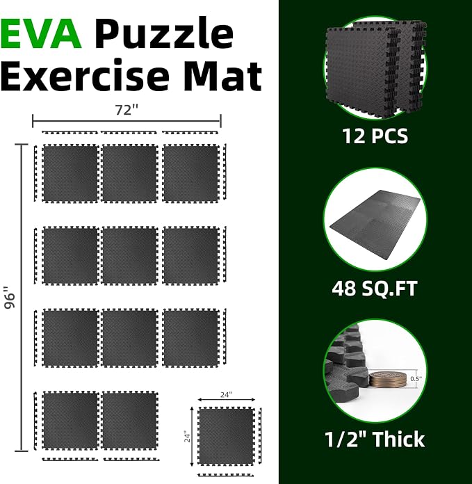 Art3d 12 Pack 24" x 24" EVA Interlocking Exercise Mats, 1/2" Thick Foam Puzzle Flooring for Workout, Gym Equipments, Training Areas, 48 Sq.FT, Black