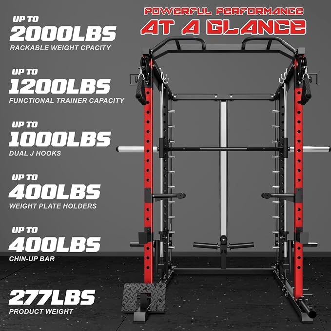 S1-V4 Smith Machine, 2000LBS Power Cage with Cable Crossover System, All-in-One Squat Rack with Smith Bar, Strength Training Equipment for Home Gym