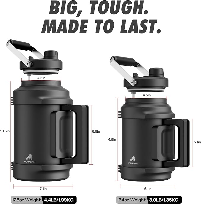 1 Gallon Insulated Water Bottle for Travel: 2-in-1 Straw Spout Lid, Dual Handle, Leakproof, Keep Cold 48H, 128oz Stainless Steel Water Jug for Gym, Biking, Road Trip, Work, Home, Picnic (Midnight)