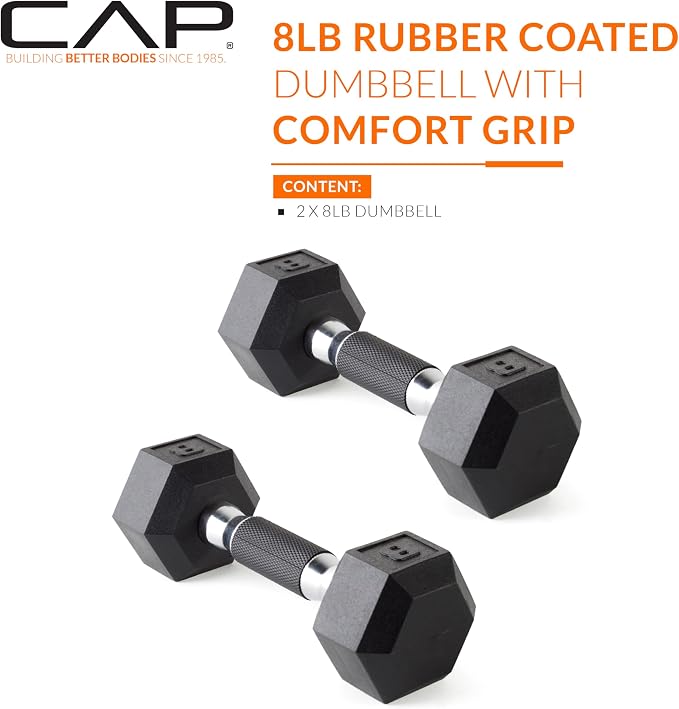 CAP Rubber Coated Dumbbell Weights, Free Weights for Home Gym Strength Training, Anti-Roll Hex Dumbbells with Black, Chrome & Comfort Grip Handles, Pairs & Sets