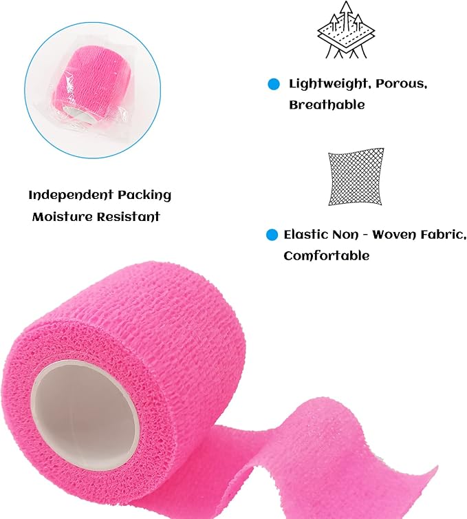 24 Pack Self Adhesive Bandage Wrap 2 Inch, Athletic Elastic Non Woven Cohesive Bandage for Sports, First Aid Medical, Wrist, Ankle Sprains, Swelling and Vet Wrap (Hot Pink)