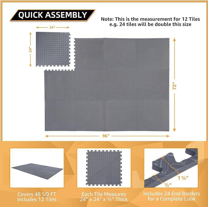 12 Pack, 48 SQFT - 24" x 24" - 1/2" Extra Thick Floor Exercise Mat for Home Gym or Floor Padding - High-Density EVA Interlocking Foam Floor Tiles for Gym Equipment, Play Area | Yoga, Cardio, Weights