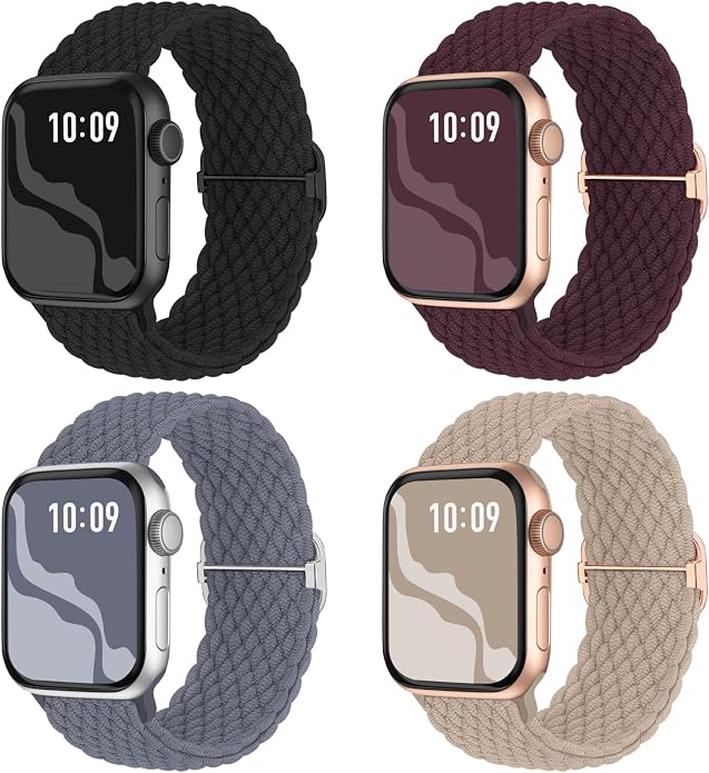 4 Pack Braided Stretchy Bands Compatible with Apple Watch 40mm 41mm 38mm 42mm 44mm 45mm 46mm 49mm Women Men, Breathable Nylon Elastic Daily Use Straps for iWatch Series 11/10 9 8 7 6 5 4 3 SE/Ultra 2