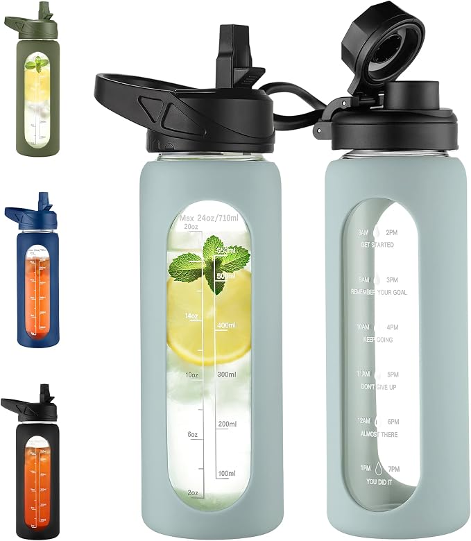CIVAGO 24 oz Glass Water Bottle with Straw, Large Motivational Water Jug | Time Marker, 2 Leakproof Lids, Wide Mouth, Water Flask Cup with Handle and Silicone Sleeve, for Gym, Sports, Juices, Sage
