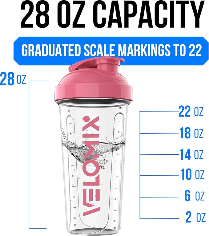 VELOMIX 2 Pack 28oz Protein Shaker Bottle, Pink/Transparent | 2x Wire Whisk, Leak Proof Shaker Cups for Protein Shakes, Stackable, Dishwasher safe, BPA free, Pre Workout and Fitness ready