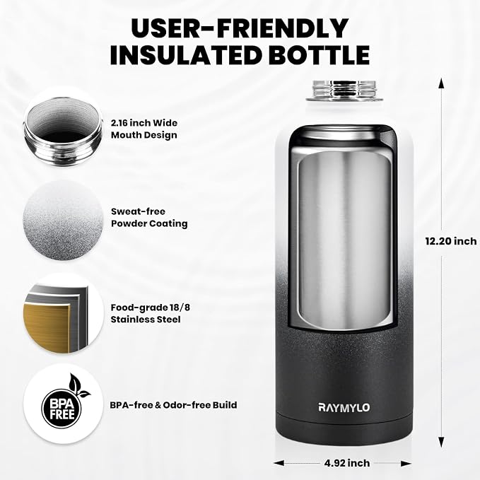 RAYMYLO Insulated Water Bottle 87 oz, Triple Wall Vacuum Stainless Steel | Cold for 48 Hrs), Leak Proof & Non-BPA, Modern Water Flask Jug with Paracord Handle & Straw Spout Lids, Ombre: White/Black