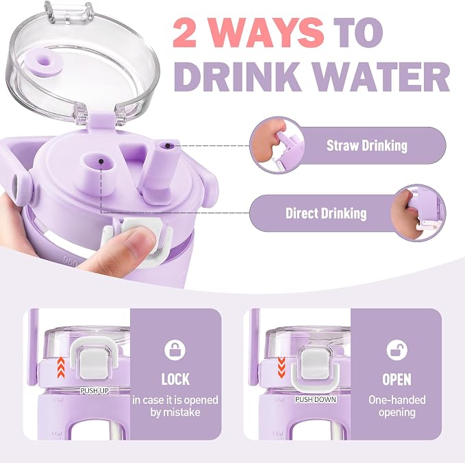 BLUEGO 32oz Glass Water Bottles with Straw Time Marker Half Gallon Large Motivational Water Bottle with Silicone Sleeve 2 Liter Large Glass Water Jug for Gym, Sports& Workout, Daily, Purple