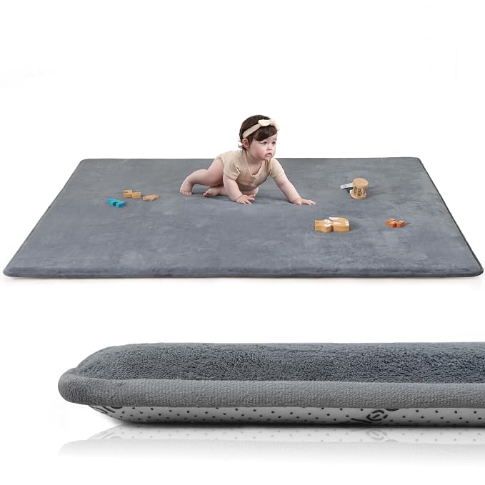 Huloo Sleep Baby Play Mat for Floor,1.3" Thick Memory Foam Tummy Time Mat,Soft Coral Velvet Nursery Rug,Extra Large Non Slip Crawling Mats for Living Room(Dark Grey)