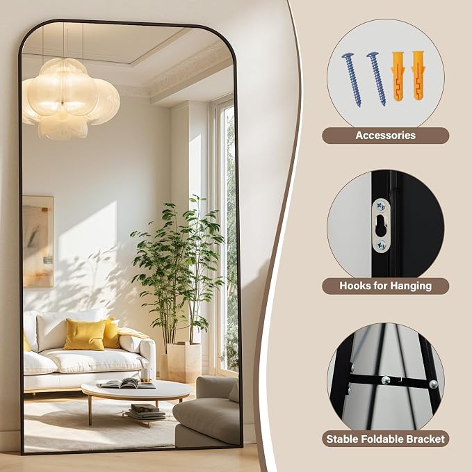 XRAMFY Full Length Mirror - Large Floor Standing & Wall Mountable Full Body Mirror with Sturdy Aluminum Frame, Arched Top Design, Freestanding or Hanging for Bedroom, Living Room, Cloakroom,Black