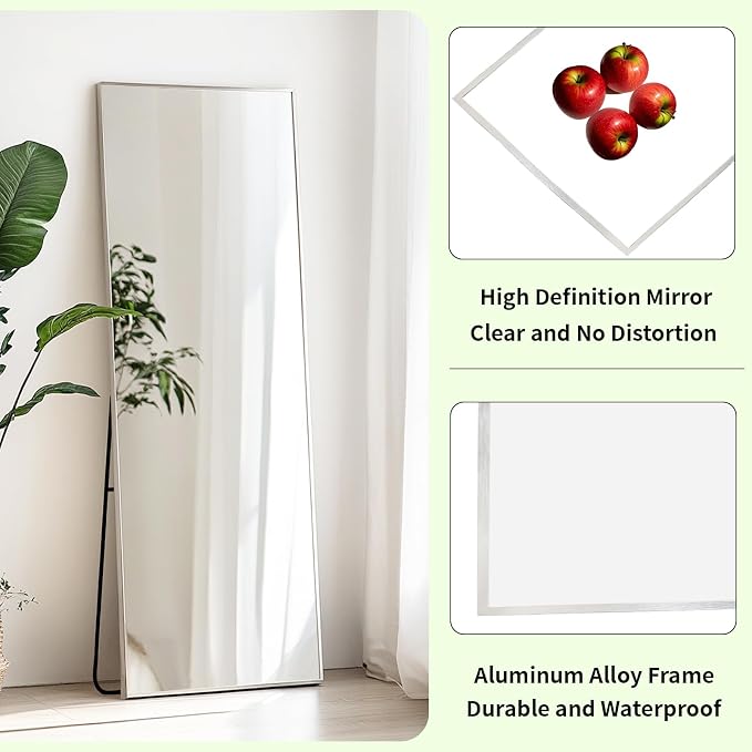48x16 inch Floor Length Mirror, Silver Wall Mirror Full Length | Nickel Brushed Metal Frame, No Distortion, Silver Full Length Mirror for Bedroom, Living Room, Entryway, Bathroom, Nursery