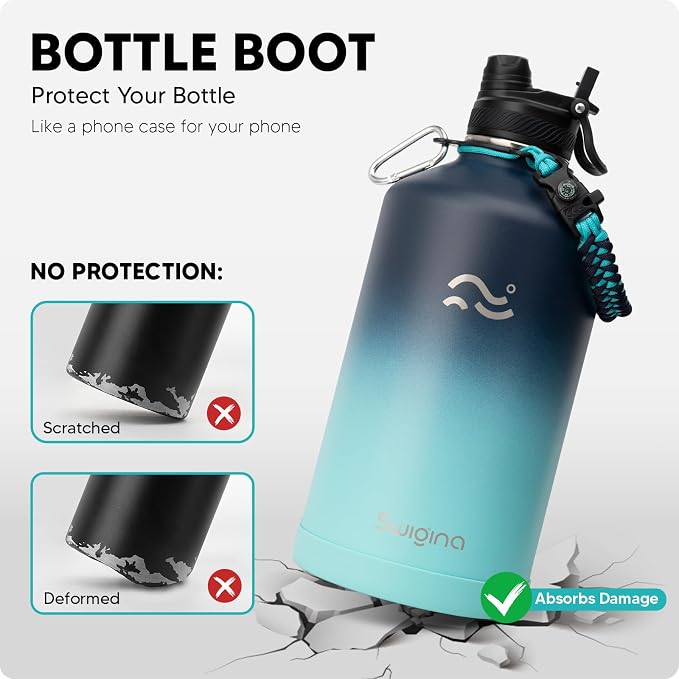 Swigina [2-IN-1 LID] Gallon Insulated Water Bottle with Silicone Boot (48hrs Cold/24hrs Hot) - DIY Stickers, Leakproof, BPA Free, 128 oz