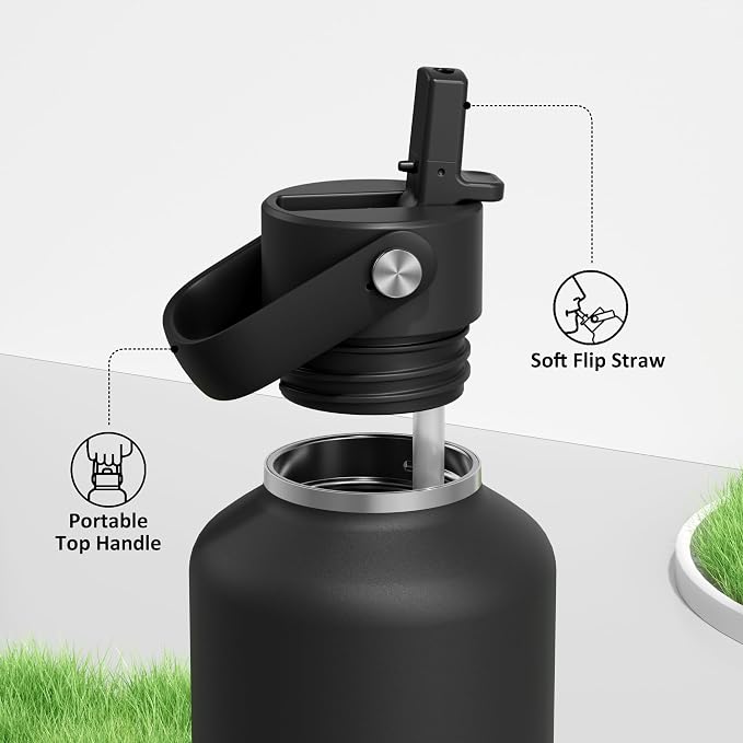 POWCAN 32 oz Insulated Water Bottle with Straw: Leakproof, Top Handle, Keep Cold 24H, BPA-Free, Double Wall Stainless Steel Water Bottle for Travel, Sport, Gym, Outdoors, Camping (Midnight Black)