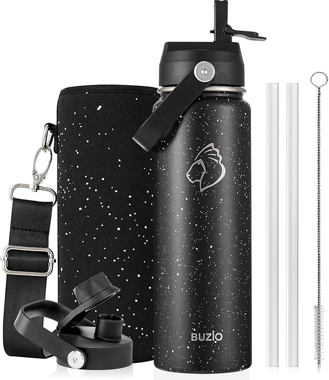BUZIO 24 oz Insulated Water Bottle, Stainless Steel Wide Mouth Water Flask with Straw Lid, Cold for 48 Hrs Leak Proof Metal Hydro Thermo Canteen Mug, Starry Day & Night
