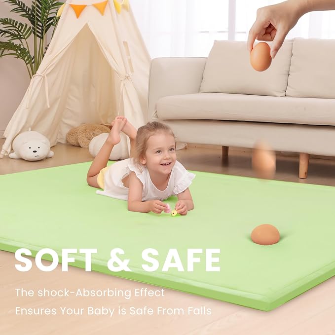 Huloo Sleep Baby Play Mat for Floor,1.3"Thick Elasti-Foam 50x50 Playpen Mat for Toddlers Infant kids,Water-Repellent Soft Velvet for Tummy Time,Non-Slip Backing for Crawling,Tatami Style(Light Green)