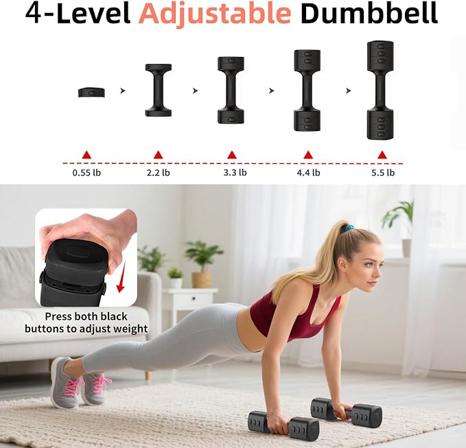 2-in-1 Adjustable Dumbbell Set, 4-Level Weights for Women | Convertible Dumbbell & Kettlebell, Adjustable 2.2-5.5lb Each, Quick-Change Button, Compact for Home Gym, Office & Outdoor
