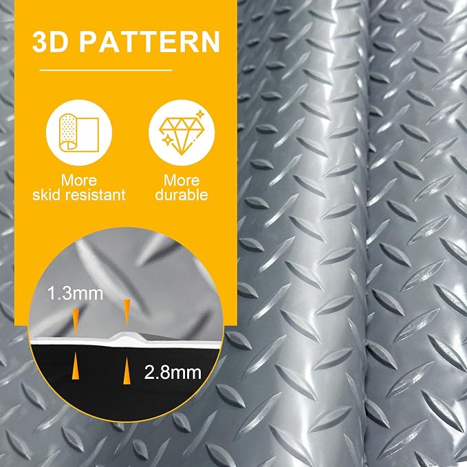 8x25 FT Garage Floor Mat, 2.8mm Thickened Flooring Roll for Under Car Diamond Plate PVC Rubber Mat with 20 Pcs Tapes, Non-Slip Floor Mat for Garage, Warehouse, Gyms, Trailer, Gray