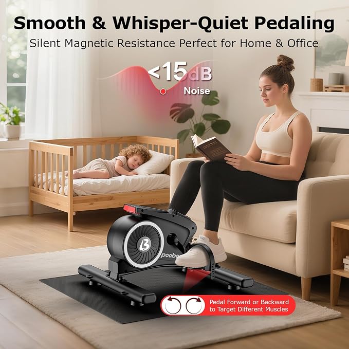 pooboo Under Desk Bike Pedal Exerciser with Magnetic Resistance | Mini Exercise Bike with 16 Resistance Levels, Arm And Leg Workouts, Resistance Bands And Non-Slip Mat for Home Office Therapy