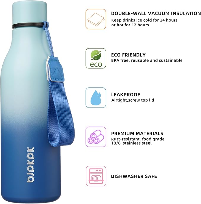 BJPKPK 18oz Insulated Water Bottle, Stainless Steel Bottle with Carry Strap | Keep Cold & Hot Vacuum Insulation, Leak-Proof BPA-Free Design, Slim Bottle Fits Most Cup Holders for Gym, Office & Travel
