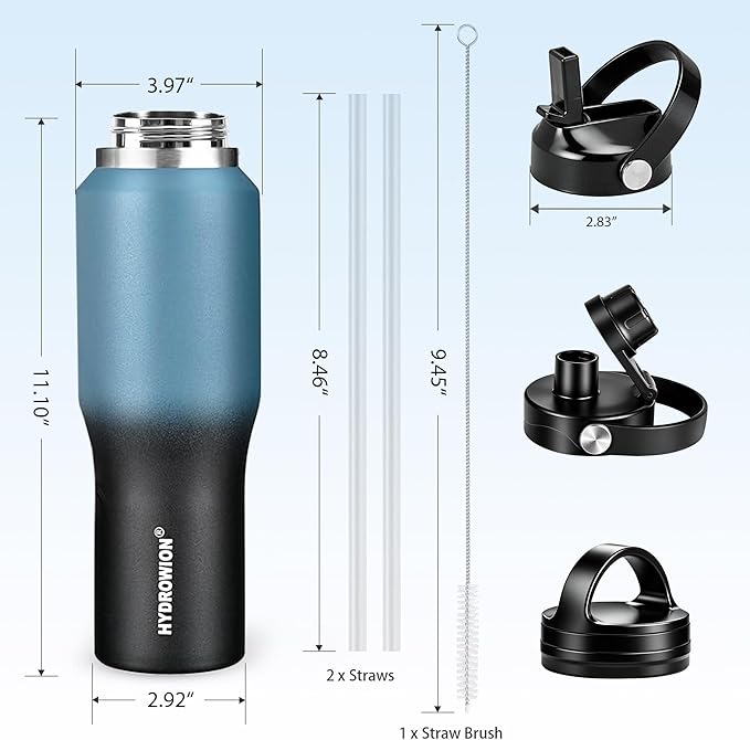 HYDROWION Insulated Water Bottles, Water Bottle fits in Car Cup Holder (Cold 48 hrs, Hot 24 hrs) with Straw Lid, Spout Lid and Flex Cap,T-shpaed Water Bottle Leakproof Travel Thermo Tumbler,Blue&Black