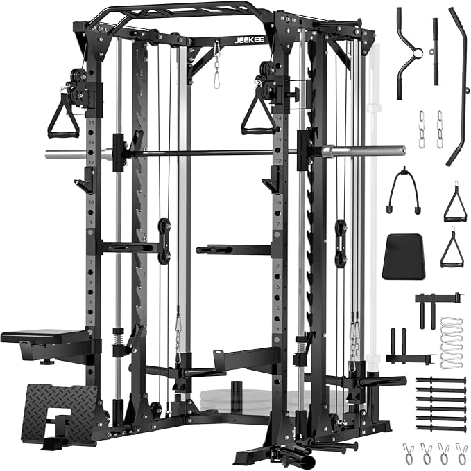 JEEKEE Power Cage with Cable Crossover System, 2000LB Multi-Function Power Rack with Independent Dual Pulleys, LAT Pulldown Seat Cushion, 20+ Attachments Squat Rack for Home Gym Workout,Black