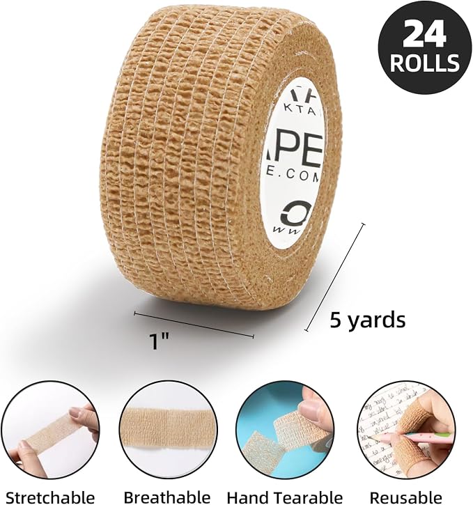 OK TAPE Self Adherent Cohesive Bandages Wrap 24Packs 1" x 5 Yards | Non-Woven Self Adhesive Bandage Wrap for Thumb, Finger, Wrist, Ankle, Vet Wrap Bandages Tape (Beige)