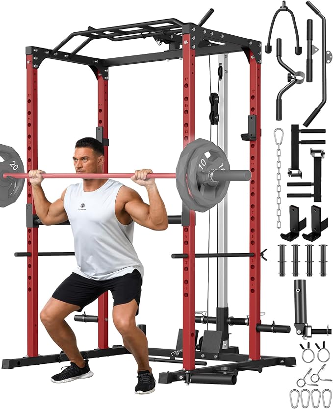 GarveeLife Power Cage, Power Racks for Home Gym with Pulley System | 1200 LBS Weight Capacity Multi-Functional Squat Rack for Strength Workout with More Training Attachment (Red D1002)