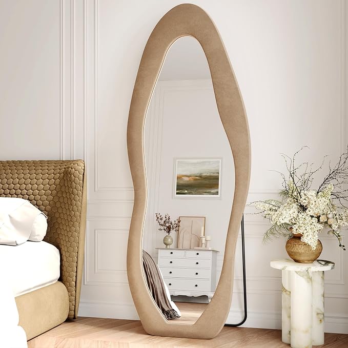 Irregular Full Length Mirror Flannel 63"x24" Full Body Mirror | Velvet Floor Mirrors with Stand, Irregular Wavy Mirror Hanging or Leaning Against Wall for Bedroom Living Room, Brown