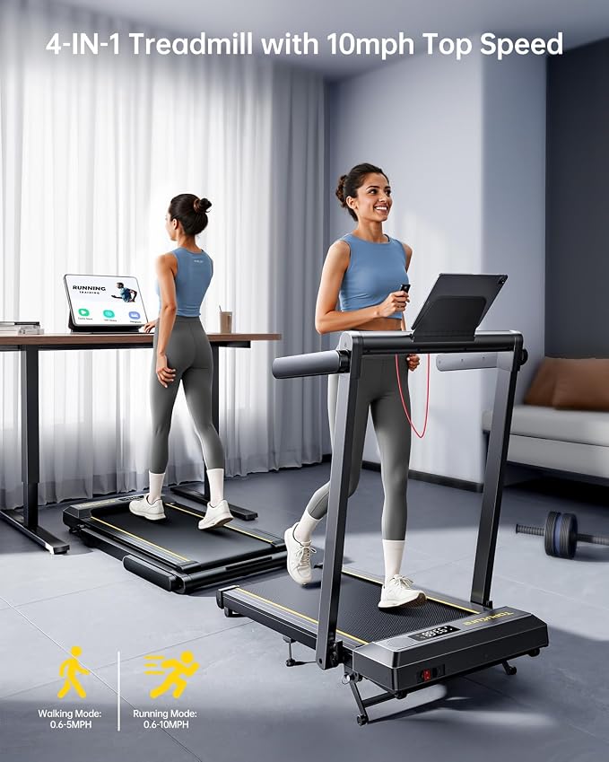 TOPUTURE Walking Pad Treadmill with 12% Incline, 4 in 1 Foldable Treadmill with Handle Bar for Home/Office, Under Desk Treadmills Portable Folding Walking Pad with App & Bluetooth Speaker, 0.6-10MPH