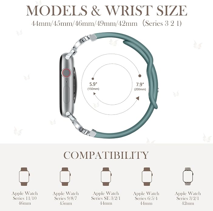 Lerobo Slim Silicone Band Compatible with Apple Watch Bands for Women | Dressy Metal Butterfly 16mm Thin Strap for iWatch Series 11 10 9 8 7 6 5 4 SE Ultra 38mm 40mm 41mm 42mm 44mm 45mm 46mm 49mm