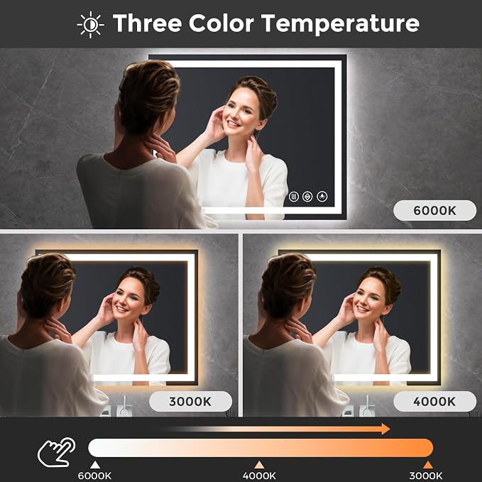 Koonmi 50x30 LED Bathroom Mirror with Light, Anti-Fog, 3 Colors | Backlit + Front Lit, Dimmable Brightness, Shatterproof HD Distortion-Free Tempered Glass, Hardware Included