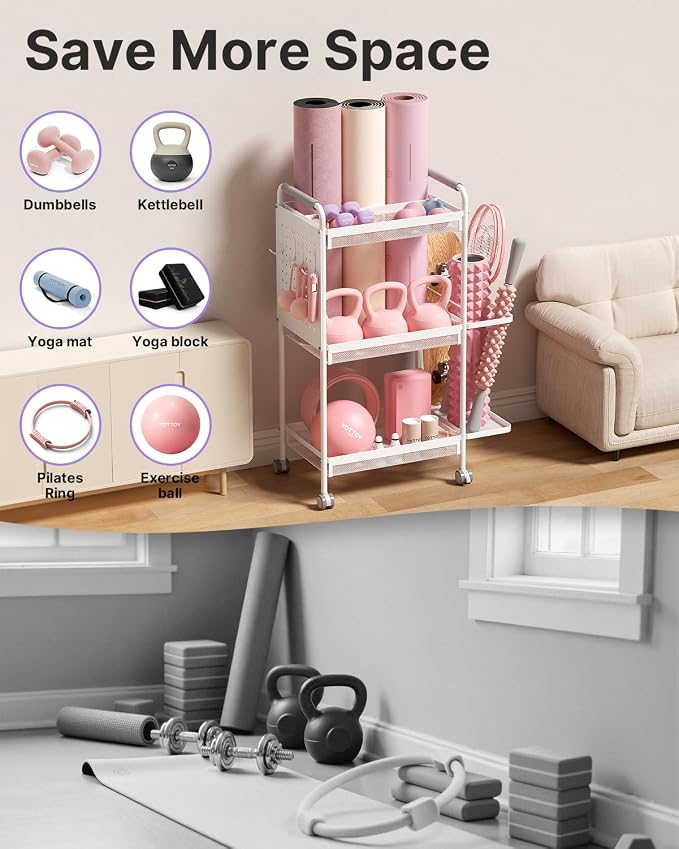YOTTOY 3-Tier Gym Storage Rack for Home Gym–Multi-Functional Weight Rack, Dumbbell Rack, Yoga Mat Holder with Side Basket & 6 Hooks, Gym Equipment Organizer