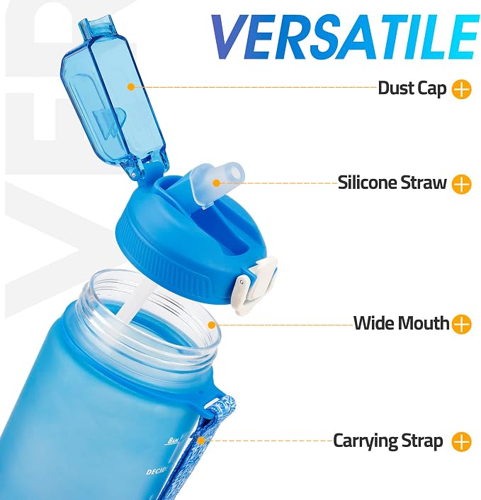 YC Kitchen 32oz Motivational Water Bottle with Straw & Carrying Strap | Leak-proof BPA Free Sports Water Bottles with Time Marker, with Times to Drink,Fitness, Gym, and Outdoor Sports